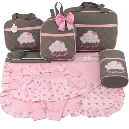 Kit bolsa maternidade 5 peças nuvem cinza c/ rosa + saida maternidade - LET BABY BOLSAS DE MATERNIDADE