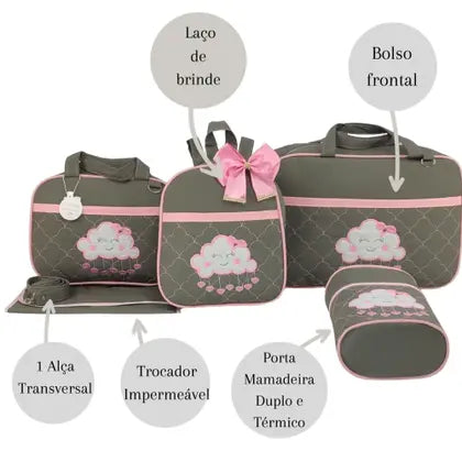 Kit bolsa maternidade 5 peças nuvem cinza c/ rosa + saida maternidade - LET BABY BOLSAS DE MATERNIDADE