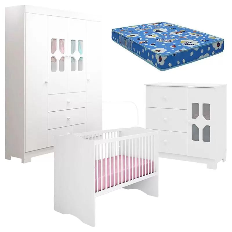 Quarto de Bebê New Cristal 4 Portas Berço Alegria Branco Brilho com Colchão Ortobom 130x70 cm Canaã - Canaa Baby