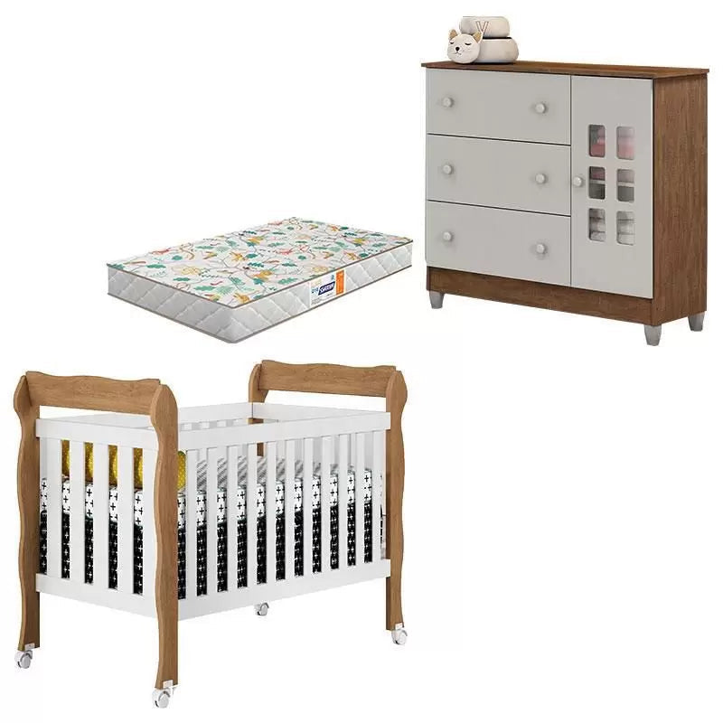 Berço Lila e Cômoda Mariah Branco Acetinado Amadeirado com Colchão Gazin Carolina - Carolina Baby