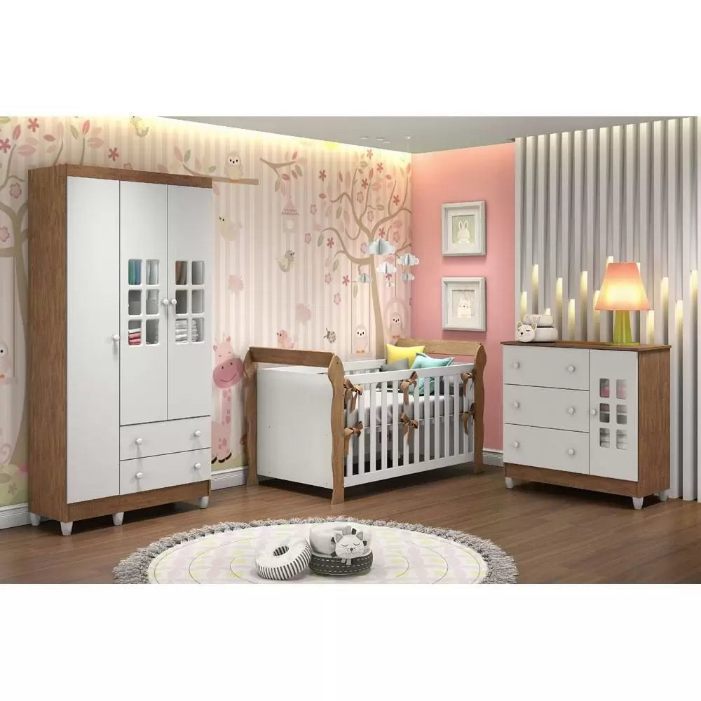 Quarto de Bebê Completo Lara 3 Peças Branco/Amadeirado