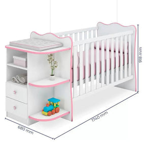 Berço Cômoda com Cantoneira 101 com Colchão e Cômoda Infantil 103 Doce Sonho Branco Rosa Brilho Qmovi